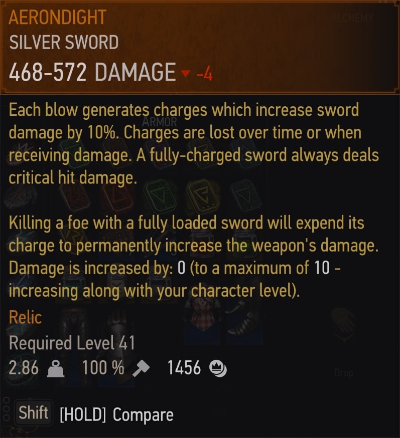 The Witcher 3 Aerondight silver sword - stats and perks