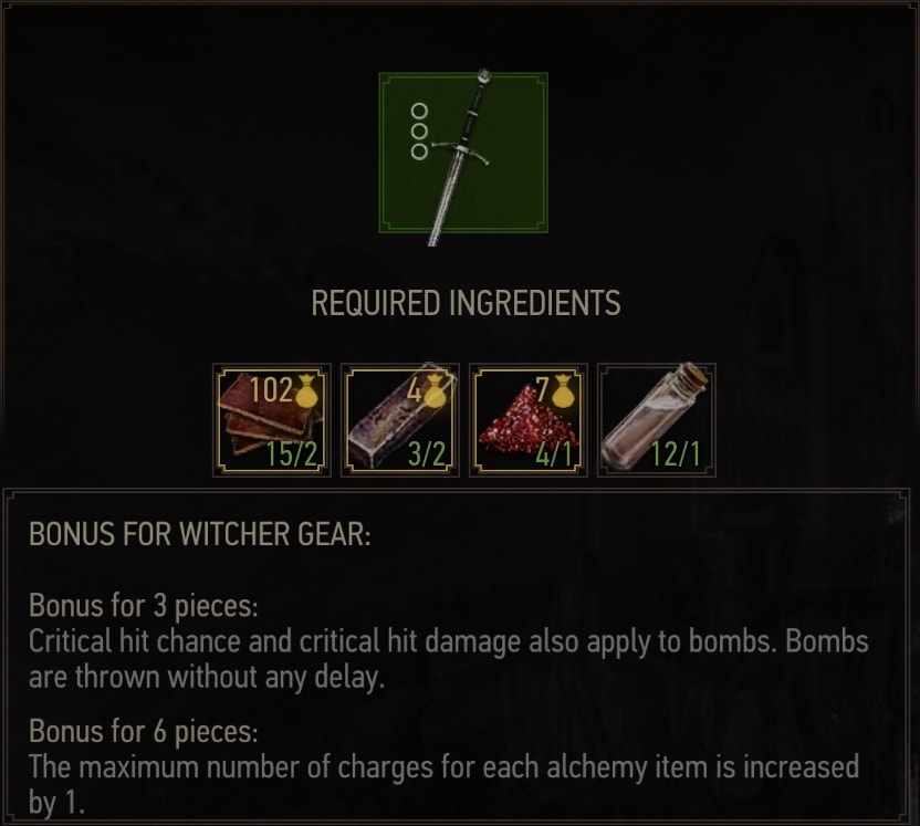 The Witcher 3 Grandmaster Manticore Gear Stats - Steel Sword