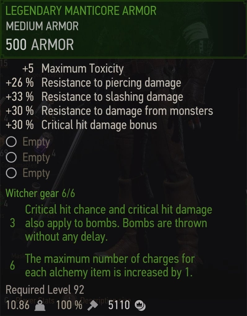 The Witcher 3 Legendary Manticore gear set stats overview - armor