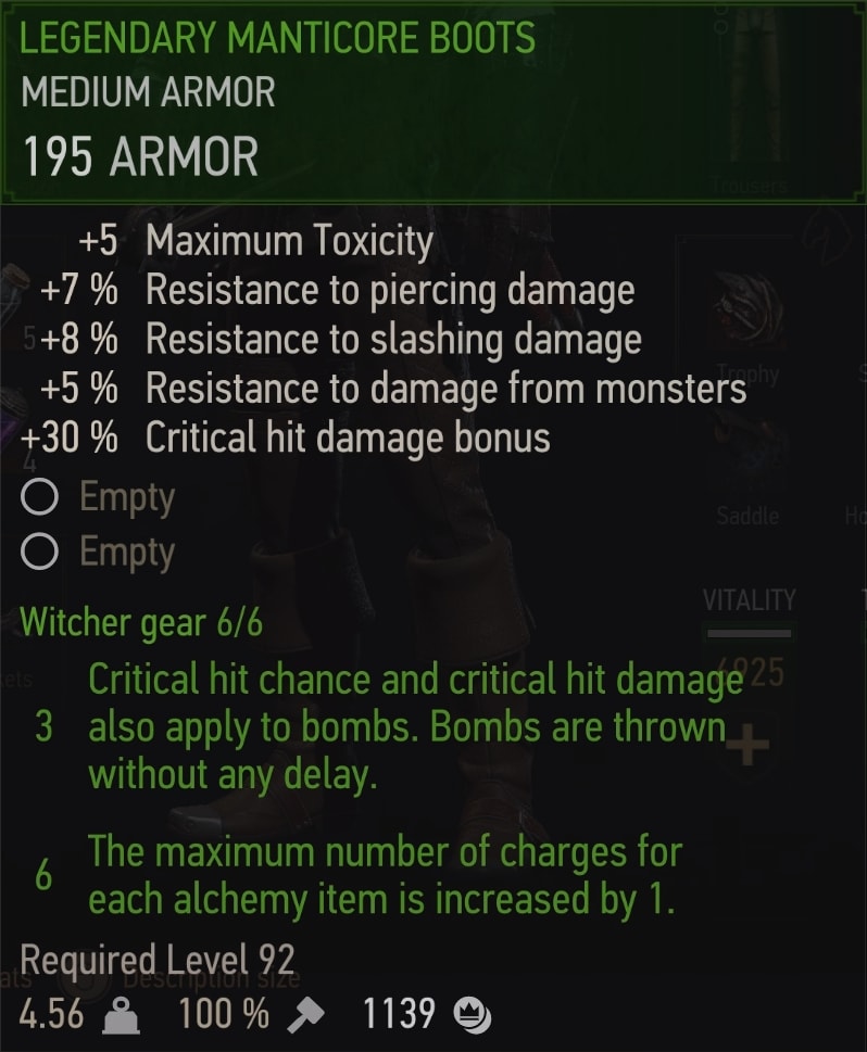 The Witcher 3 Legendary Manticore gear set stats overview - boots