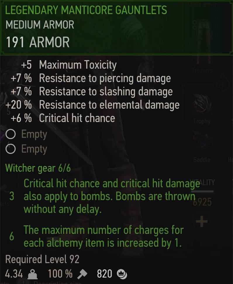 The Witcher 3 Legendary Manticore gear set stats overview - gauntlets