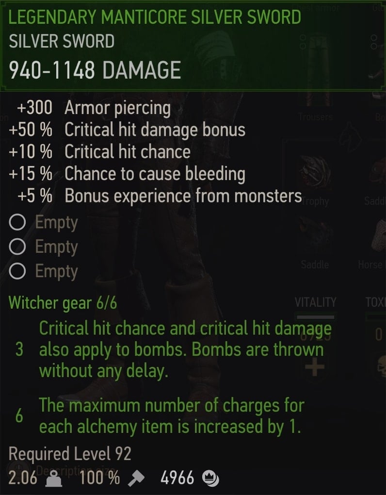The Witcher 3 Legendary Manticore gear set stats overview - silver sword