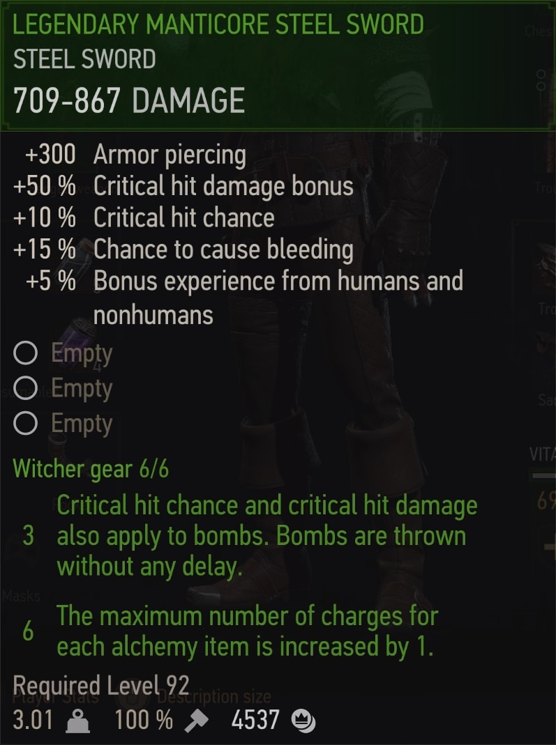 The Witcher 3 Legendary Manticore gear set stats overview - steel sword