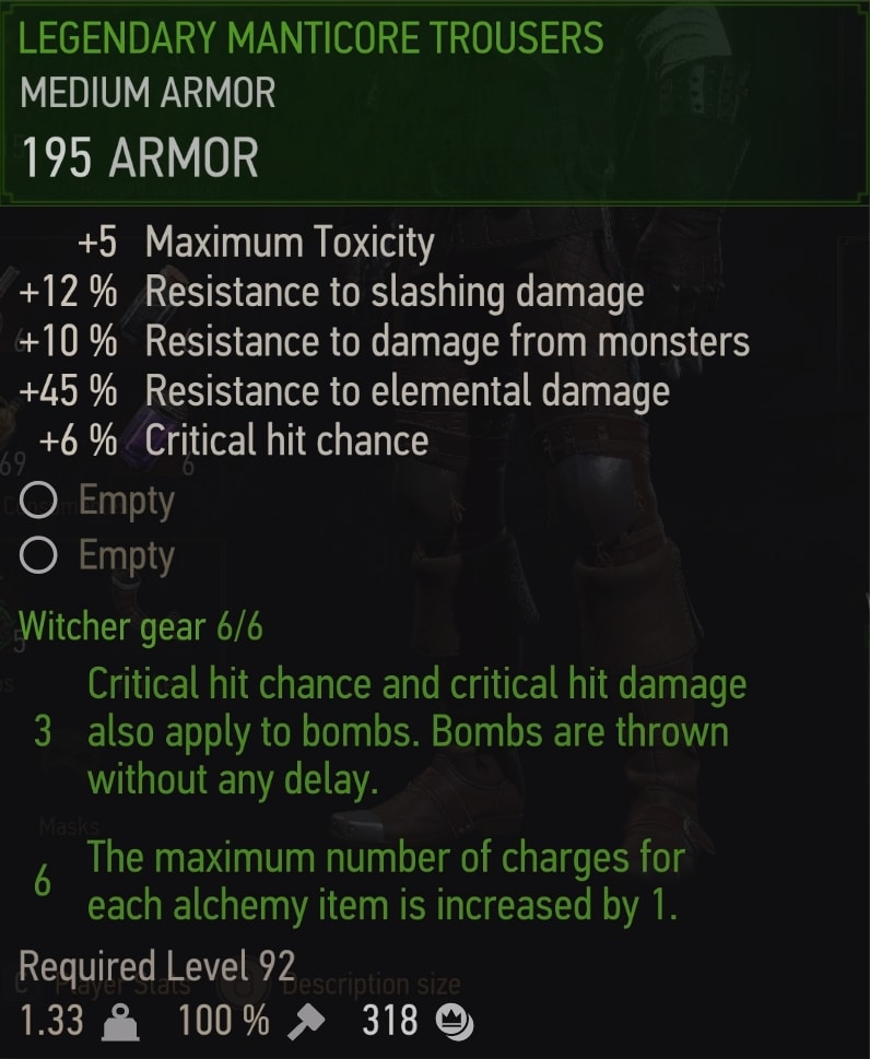 The Witcher 3 Legendary Manticore gear set stats overview - trousers