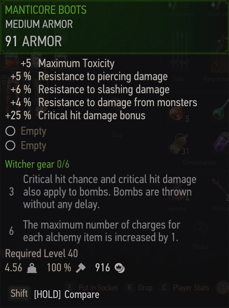 The Witcher 3 Manticore gear stats - Boots