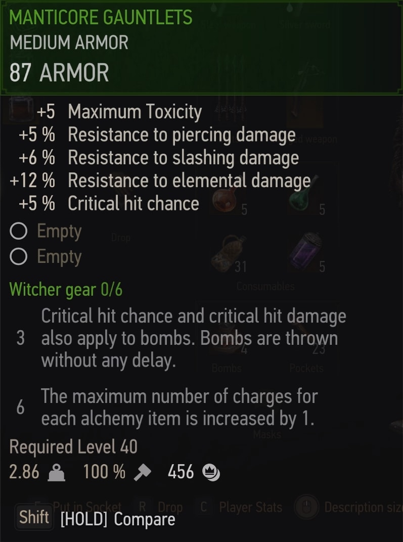 The Witcher 3 Manticore gear stats - Gauntlets