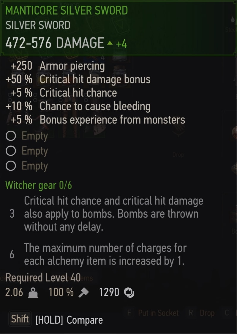 The Witcher 3 Manticore gear stats - Silver Sword
