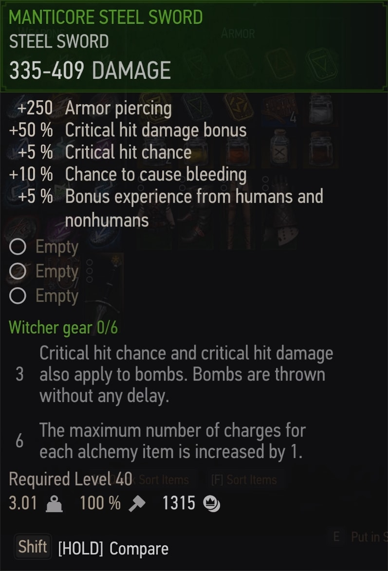 The Witcher 3 Manticore gear stats - Steel Sword