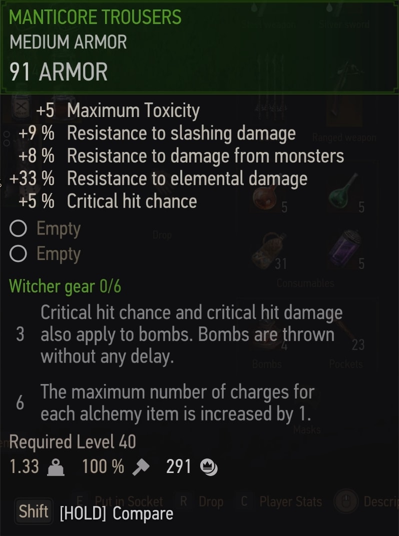 The Witcher 3 Manticore gear stats - Trousers