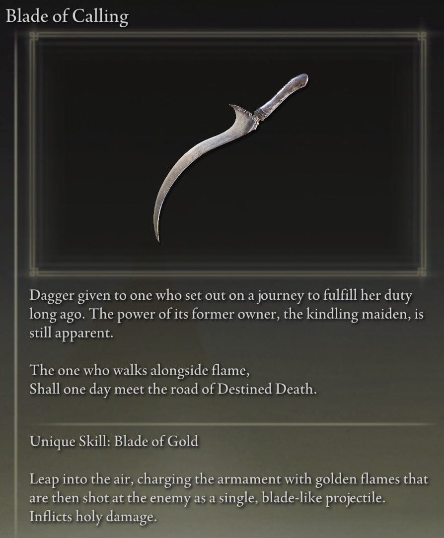Full Elden Ring Daggers Catalog - Blade of Calling description