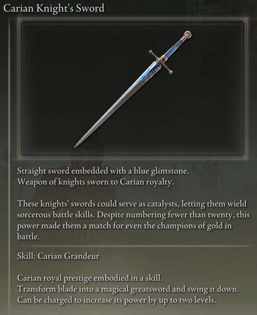 Full Elden Ring Straight Swords Catalog and Locations Guide - Carian Knight's Sword description