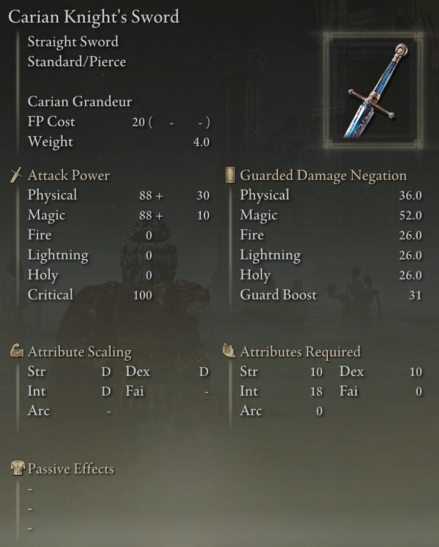 Carian Knight's Sword stats