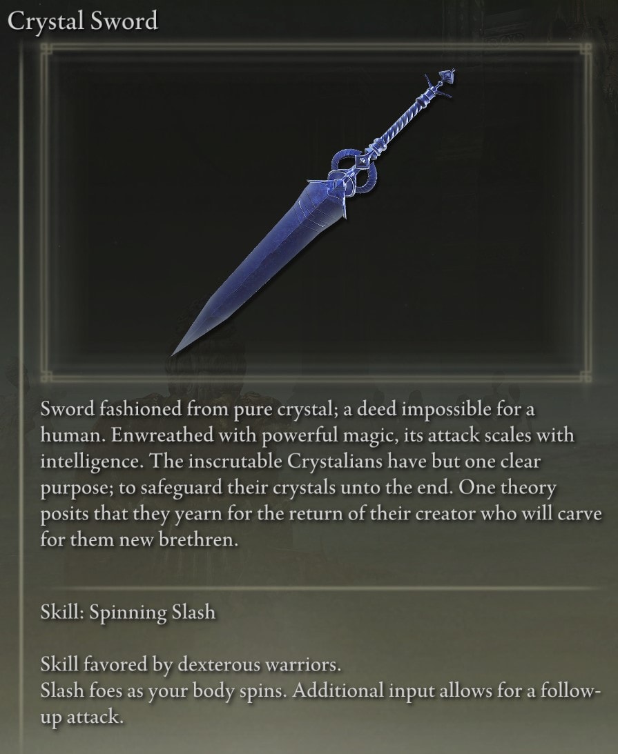 Full Elden Ring Straight Swords Catalog and Locations Guide - Crystal Sword description