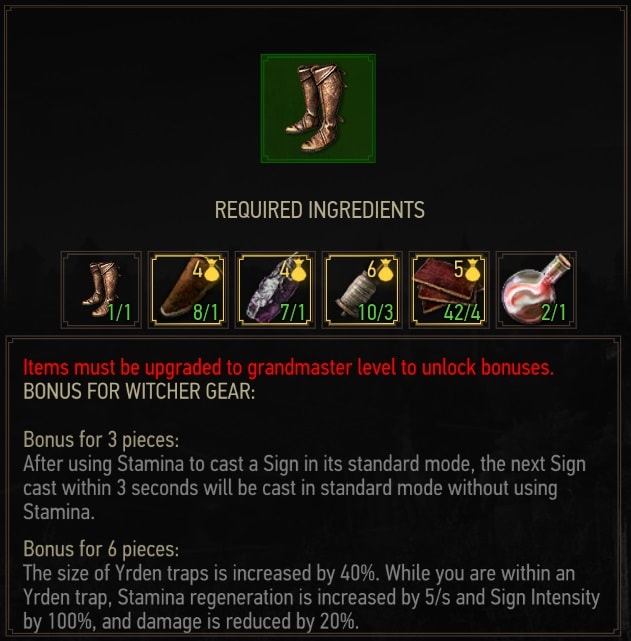 Crafting Requirements for Witcher 3 Enhanced Griffin Boots