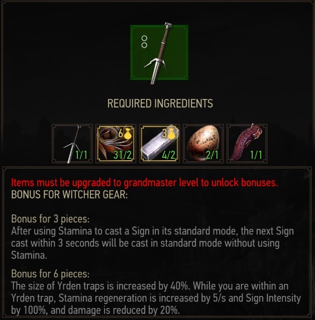 Crafting Requirements for Witcher 3 Enhanced Griffin Silver Sword