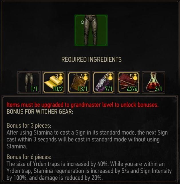 Crafting Requirements for Witcher 3 Enhanced Griffin Trousers