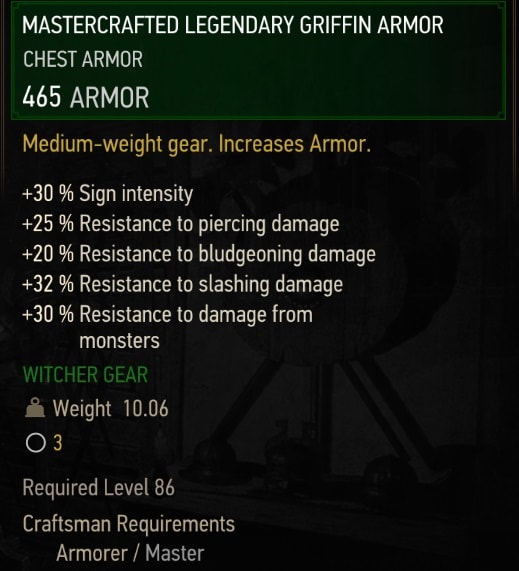 The Witcher 3 Mastercrafted Legendary  Griffin gear set stats - Chest Armor