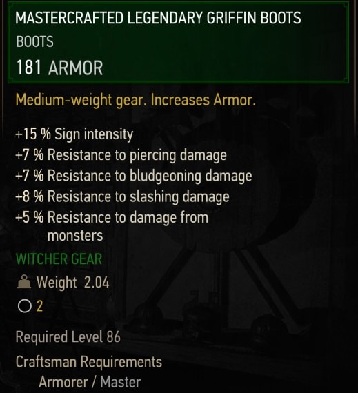 The Witcher 3 Mastercrafted Legendary  Griffin gear set stats - Boots