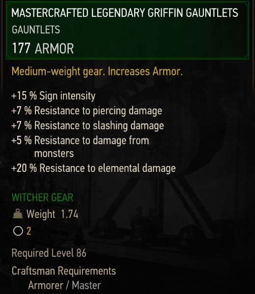 The Witcher 3 Mastercrafted Legendary  Griffin gear set stats - Gauntlets