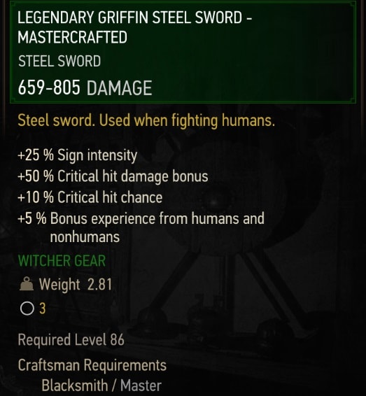 The Witcher 3 Mastercrafted Legendary  Griffin gear set stats - Steel Sword