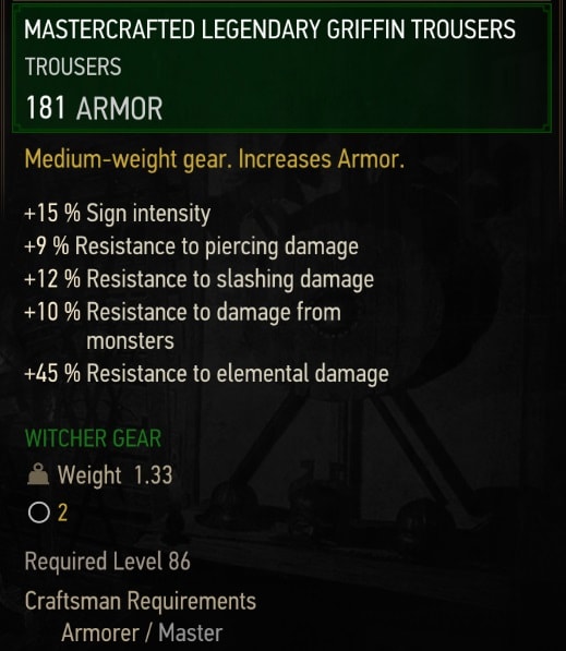 The Witcher 3 Mastercrafted Legendary  Griffin gear set stats - Trousers