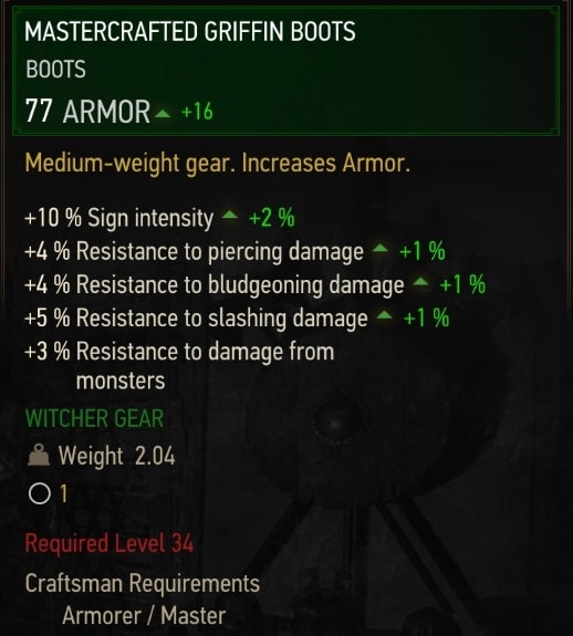 The Witcher 3 Mastercrafted Griffin gear set stats - Boots