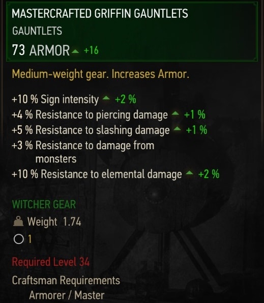 The Witcher 3 Mastercrafted Griffin gear set stats - Gauntlets