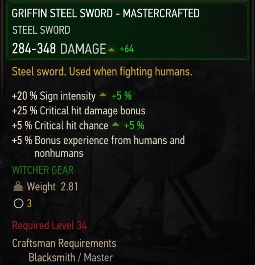 The Witcher 3 Mastercrafted Griffin gear set stats - Steel Sword
