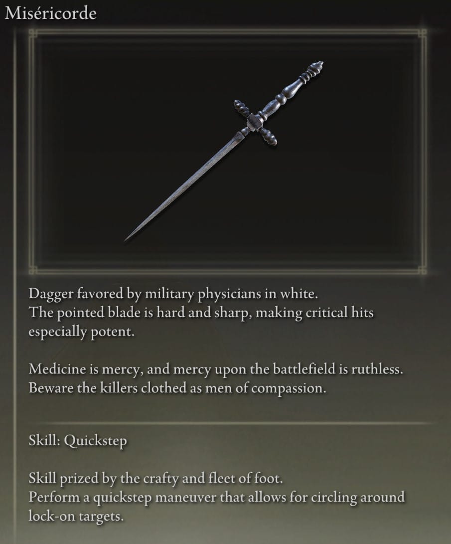 Elden Ring Miséricorde Dagger description overview