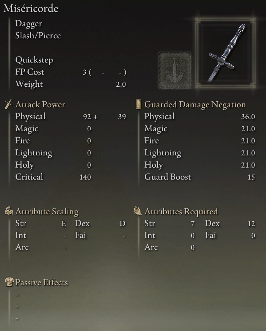 Elden Ring Miséricorde Dagger stats overview