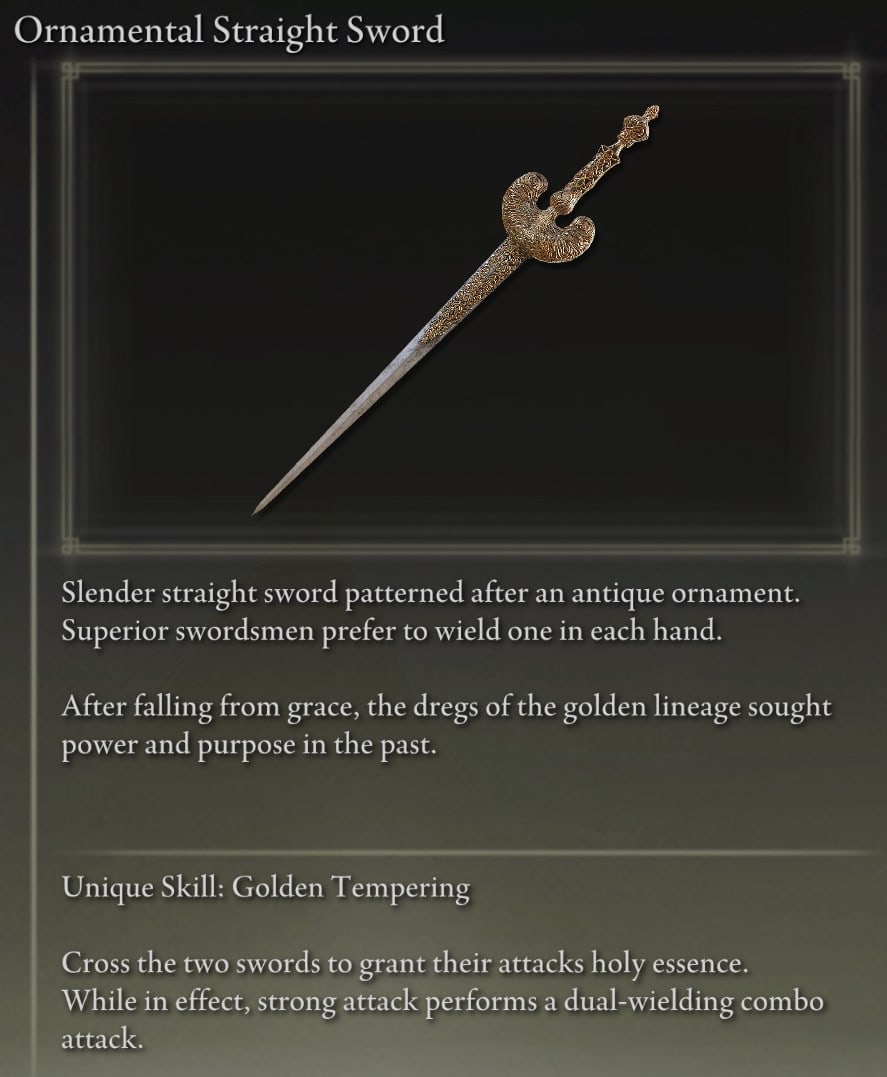 Full Elden Ring Straight Swords Catalog and Locations Guide - Ornamental Straight Sword description