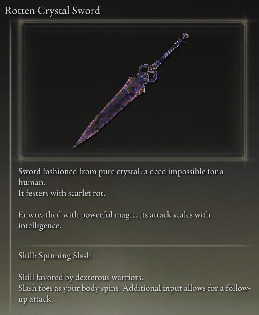 Full Elden Ring Straight Swords Catalog and Locations Guide - Rotten Crystal Sword description