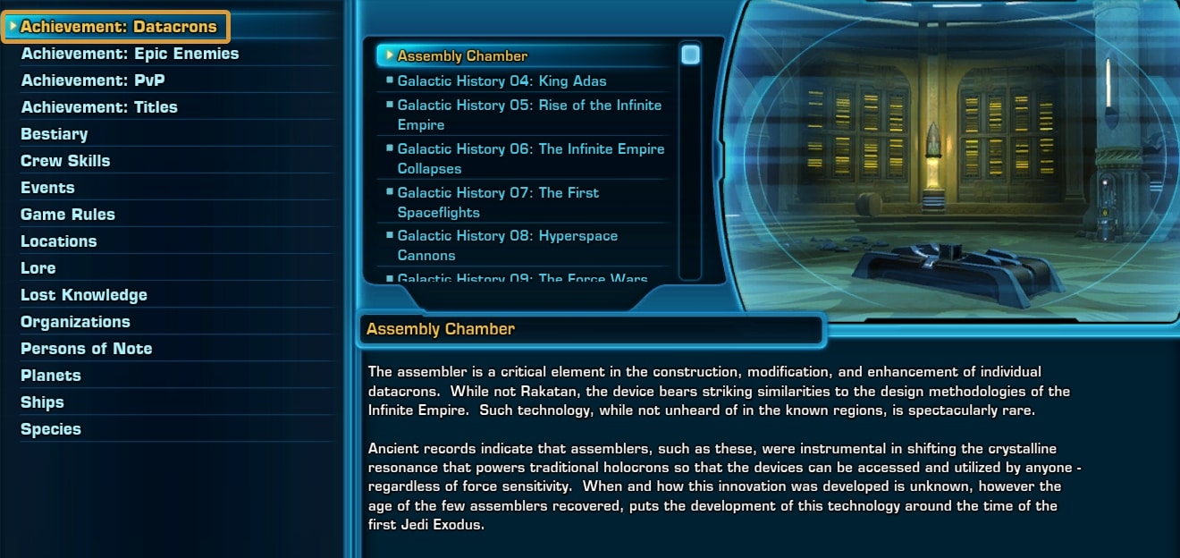 Achievements list and lore for Datacrons in SWTOR