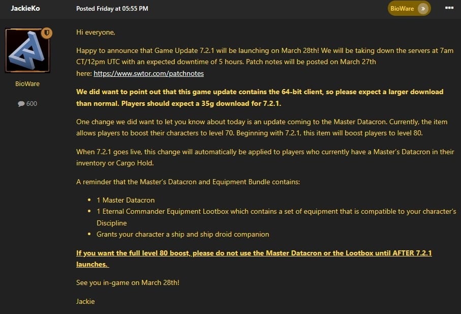 SWTOR Master's Datacron Changes for 7.2.1