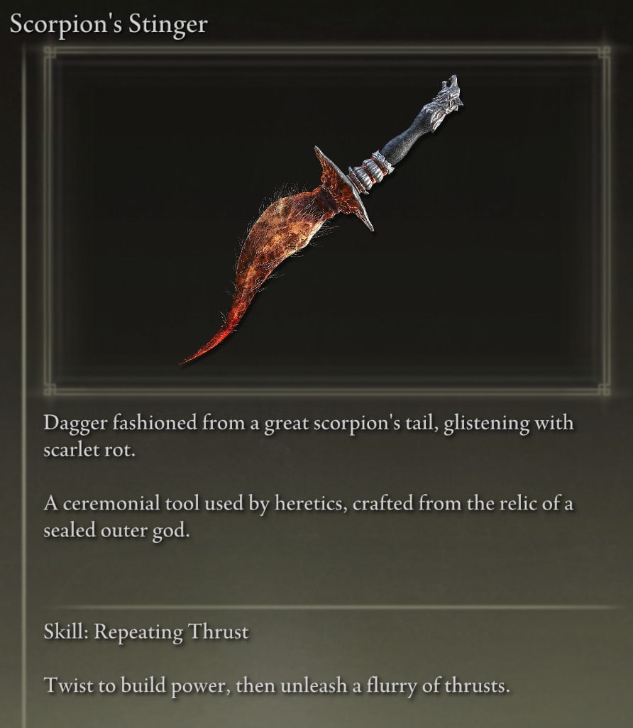 Full Elden Ring Daggers Catalog - Scorpion's Stinger description