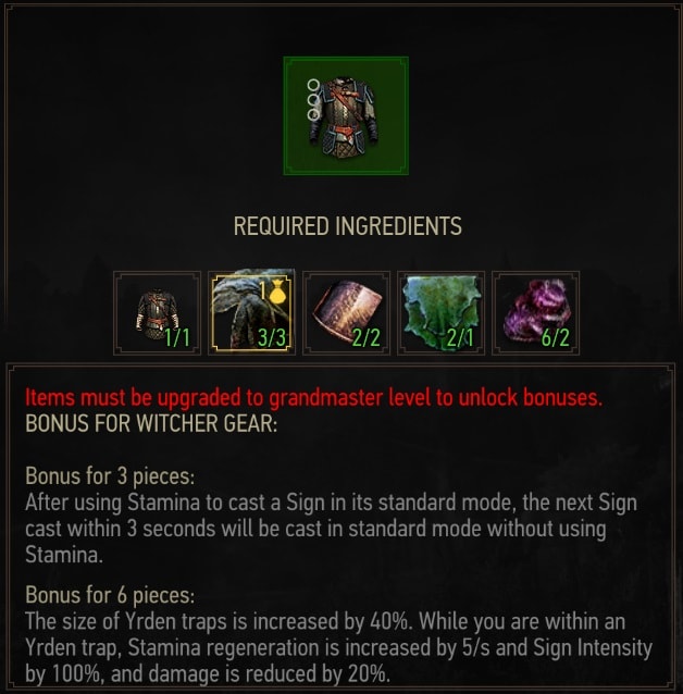 The Witcher 3 Superior Griffin Armor crafting requirements