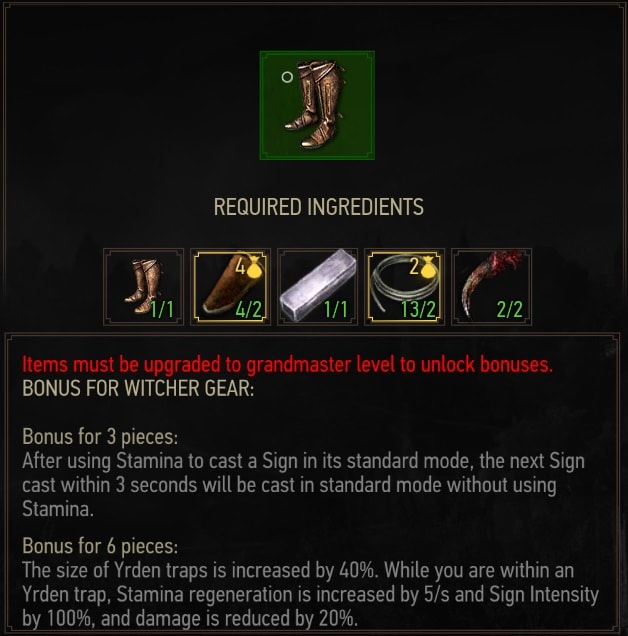 The Witcher 3 Superior Griffin Boots crafting requirements