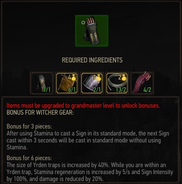 The Witcher 3 Superior Griffin Gauntlets crafting requirements