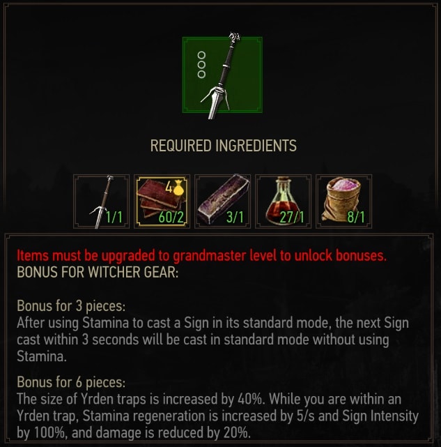 The Witcher 3 Superior Griffin Silver Sword crafting requirements