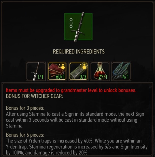 The Witcher 3 Superior Griffin Steel Sword crafting requirements