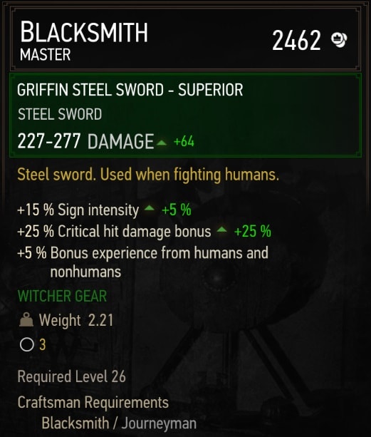 Superior Griffin Gear Set Stats - Steel Sword