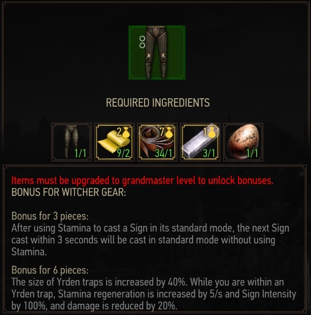 The Witcher 3 Superior Griffin Trousers crafting requirements