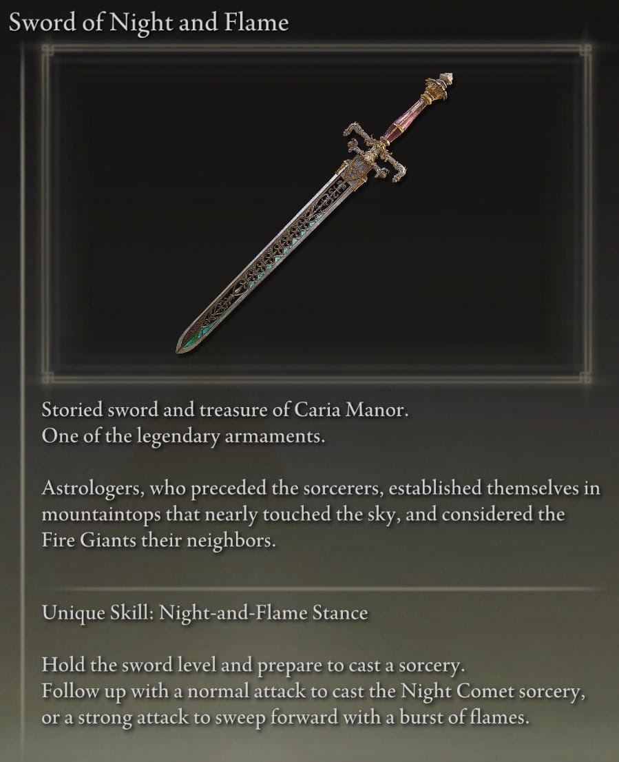 Full Elden Ring Straight Swords Catalog and Locations Guide - Sword of Night and Flame description
