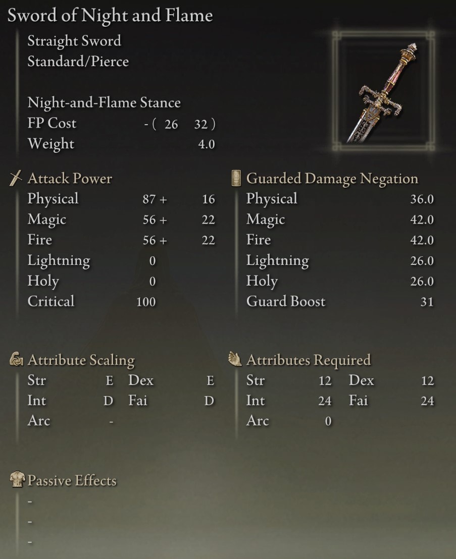 Sword of Night and Flame stats