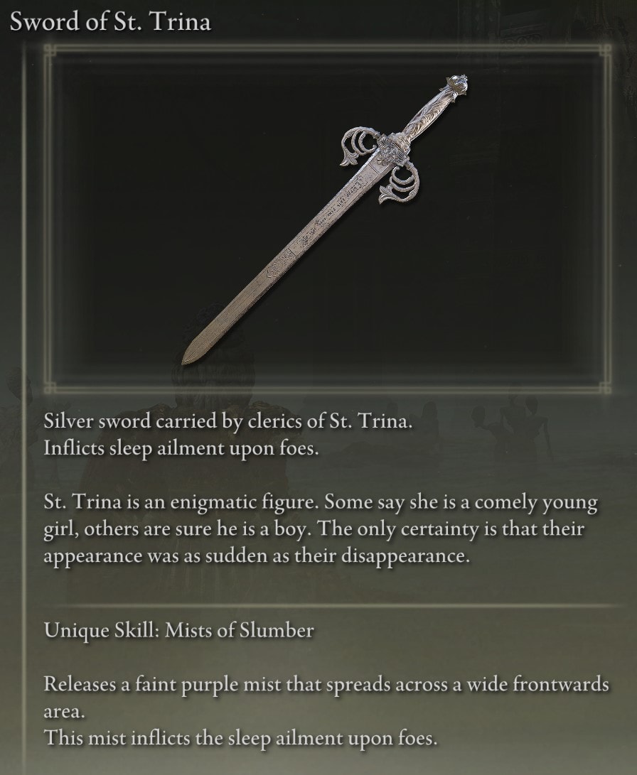 Full Elden Ring Straight Swords Catalog and Locations Guide - Sword of St. Trina description