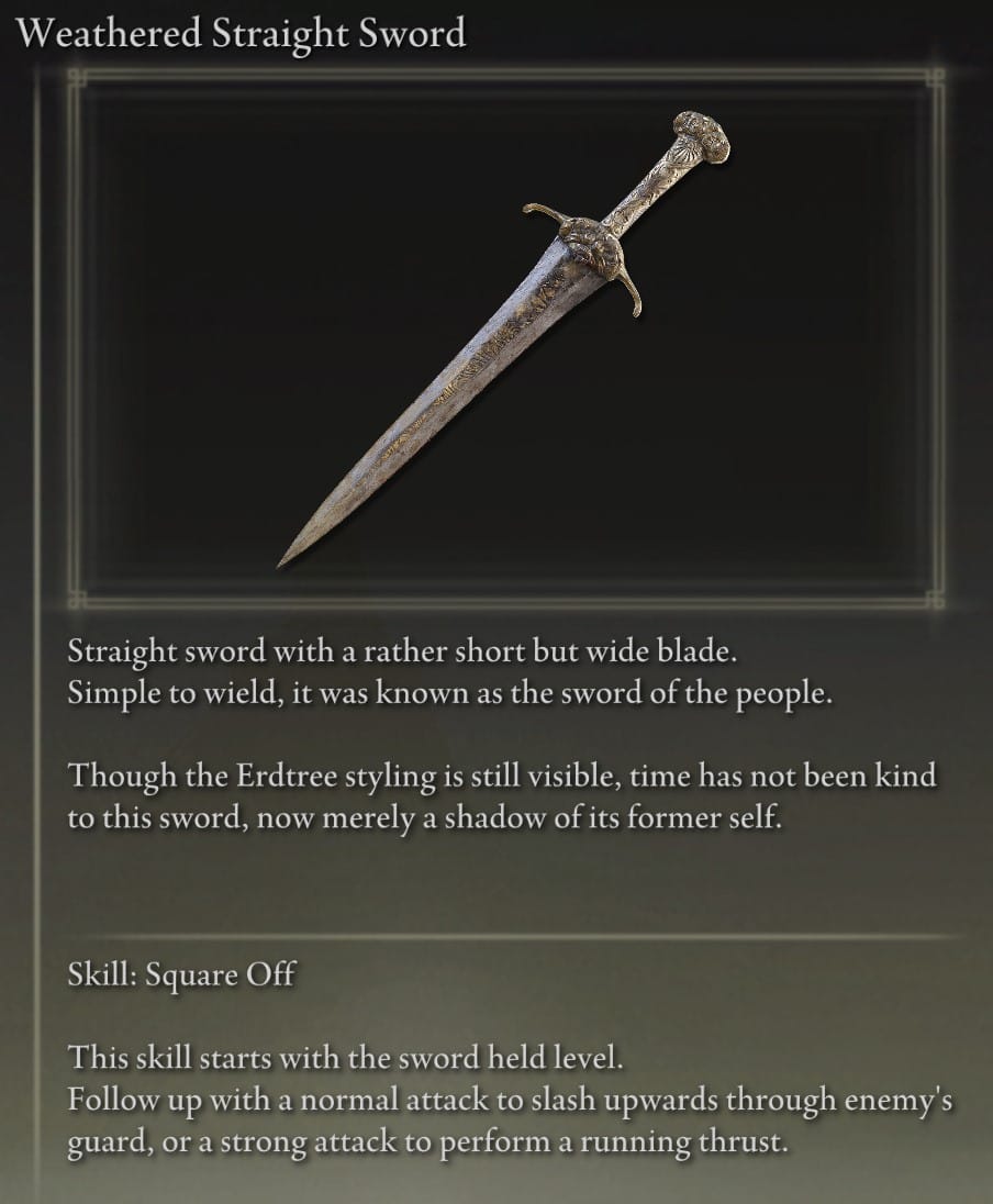 Full Elden Ring Straight Swords Catalog and Locations Guide - Weathered Straight Sword description