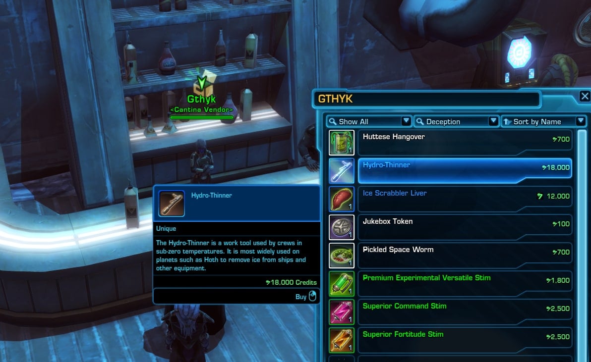 purchase the Hydro-Thinner item from the Cantina Vendor before starting the Datacron. It costs 18,000 credits