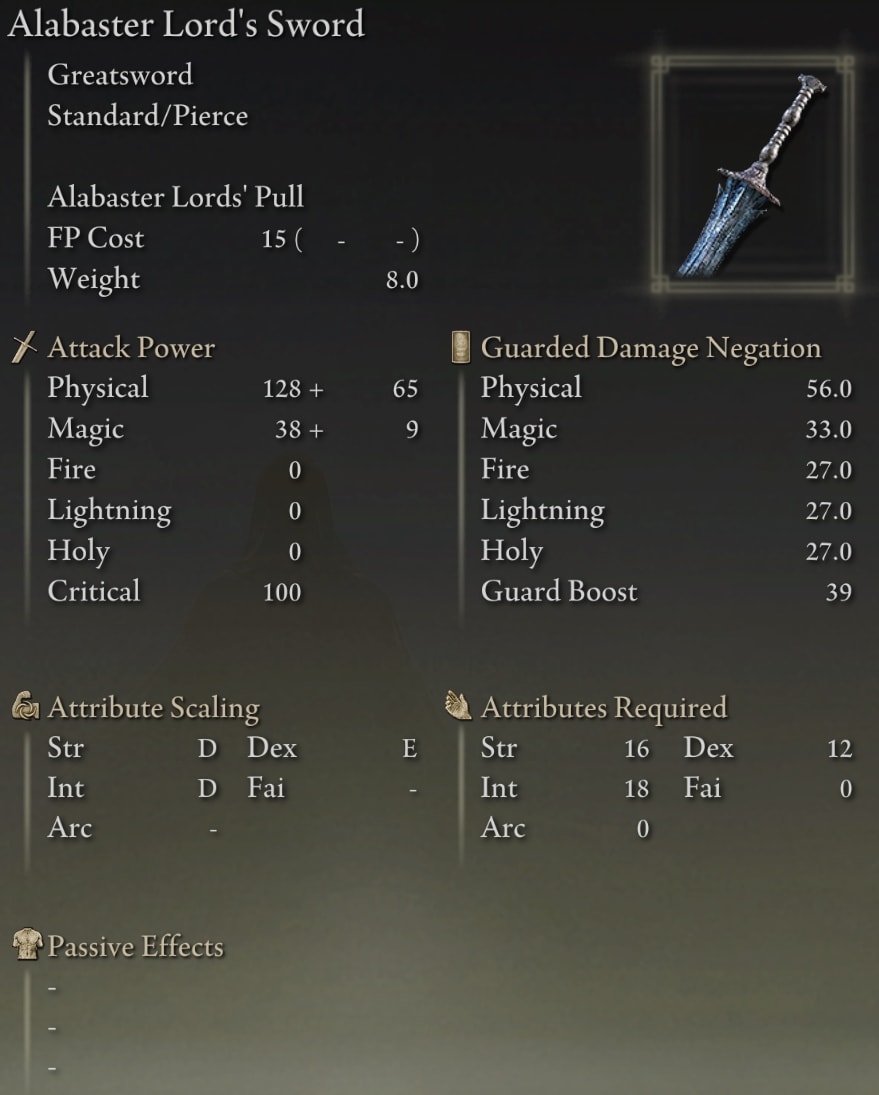 Elden Ring Greatswords - Alabaster Lord's Sword stats
