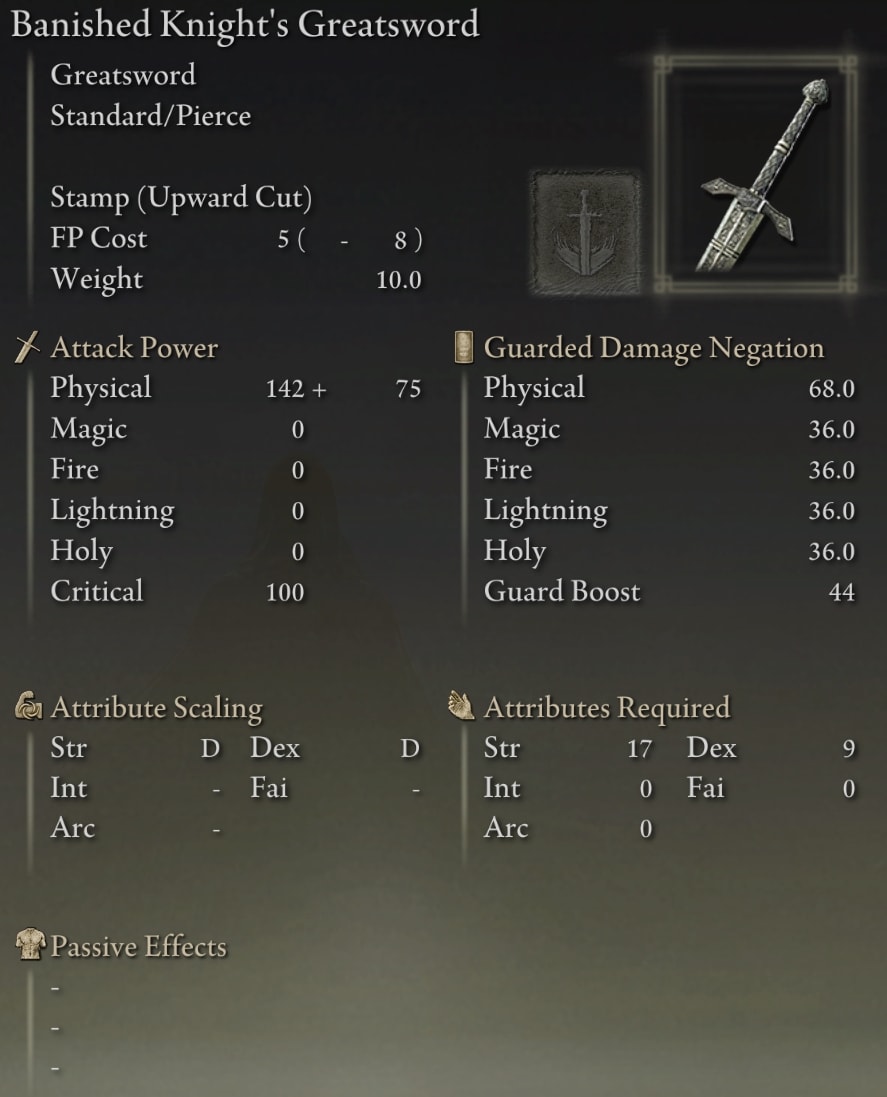 Elden Ring Greatswords - Banished Knight's Greatsword stats