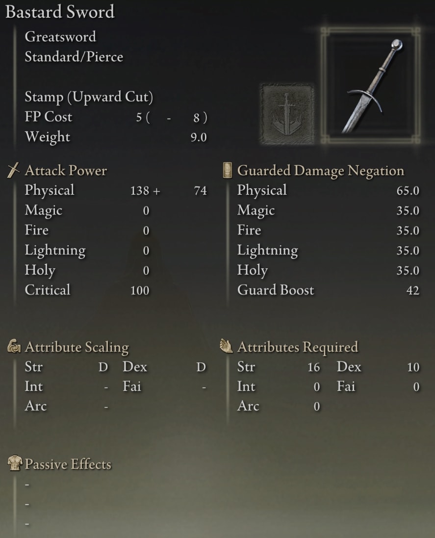 Elden Ring Greatswords - Bastard Sword stats